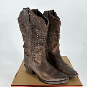 Abilene Rawhide Western Leather Boho Studded Boots Woven Braided Snip Toe 7